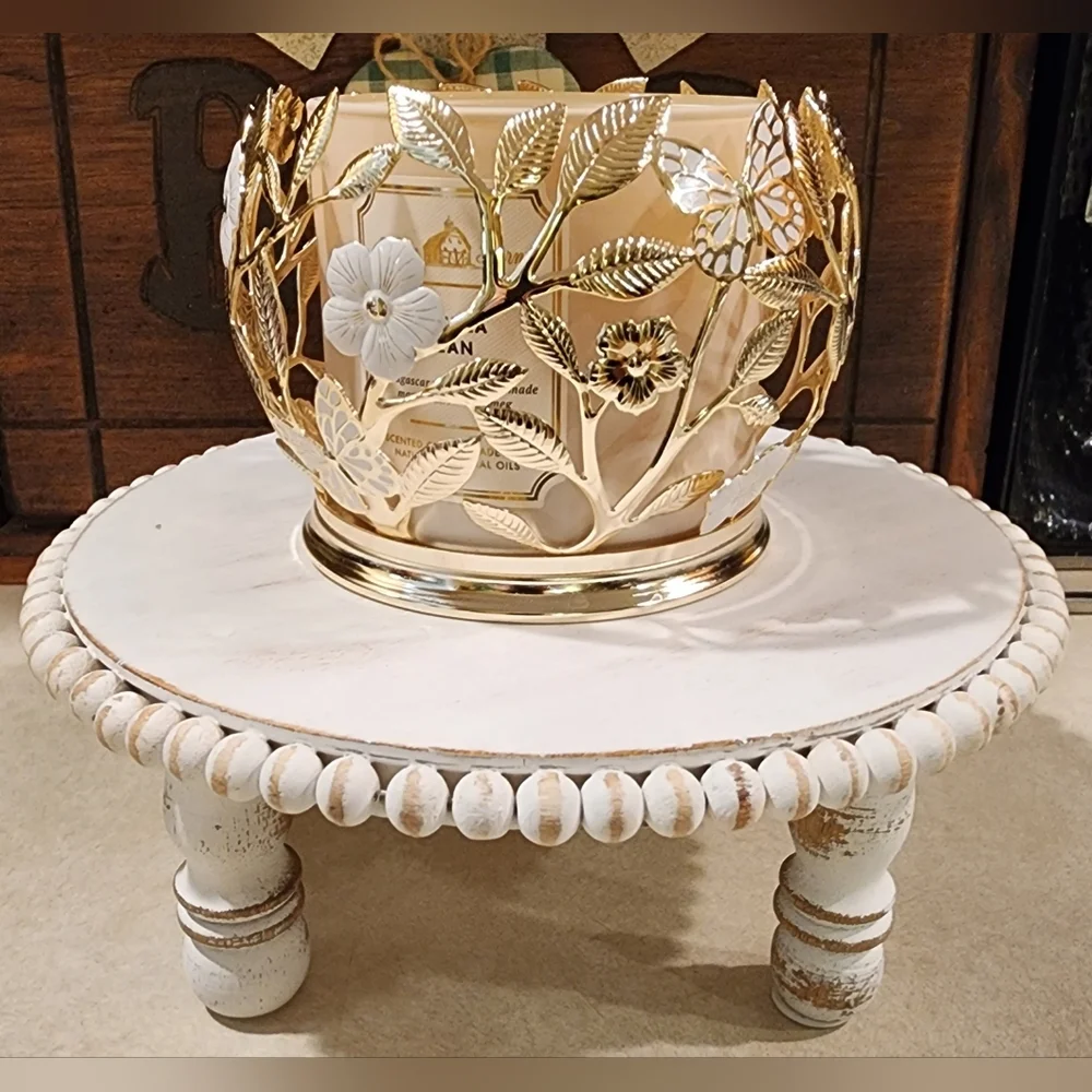 Distressed White-washed Wooden Beaded Farmhouse Pedestal Tray/Cake Display Stand